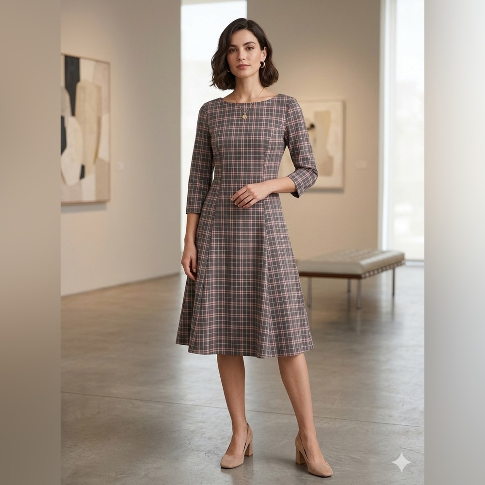Laura Birnes Women's Plaid Fit-and-Flare Dress in Taupe and Pink